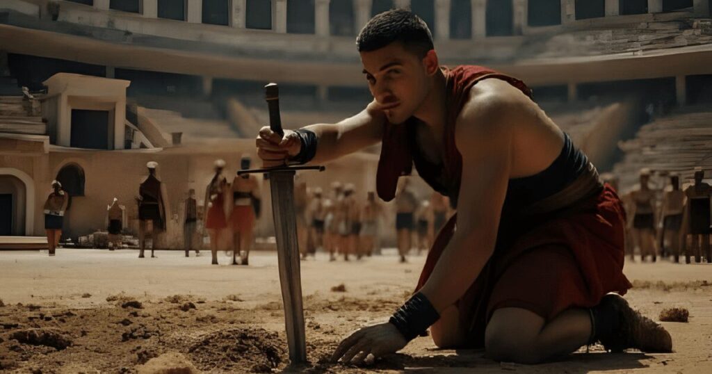 古代ローマ_コロッセオの中で土をつかむ剣闘士