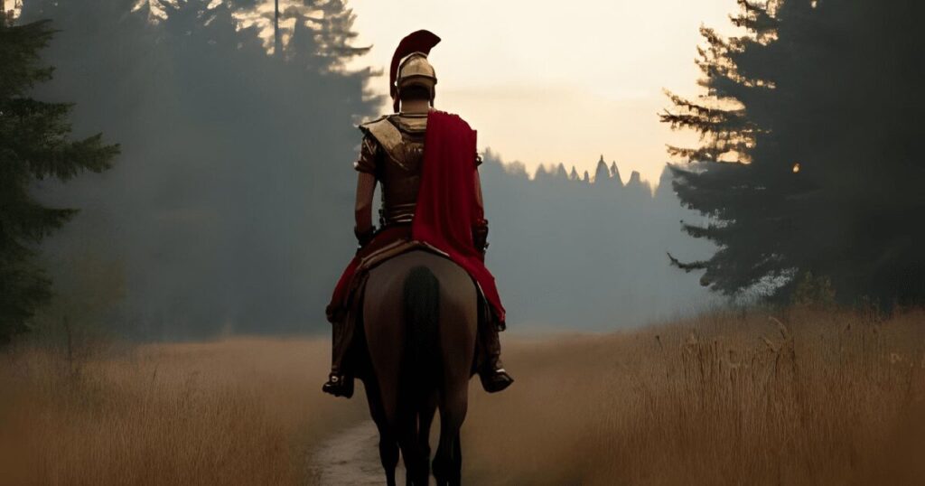 草原を1人進む古代ローマ人兵士