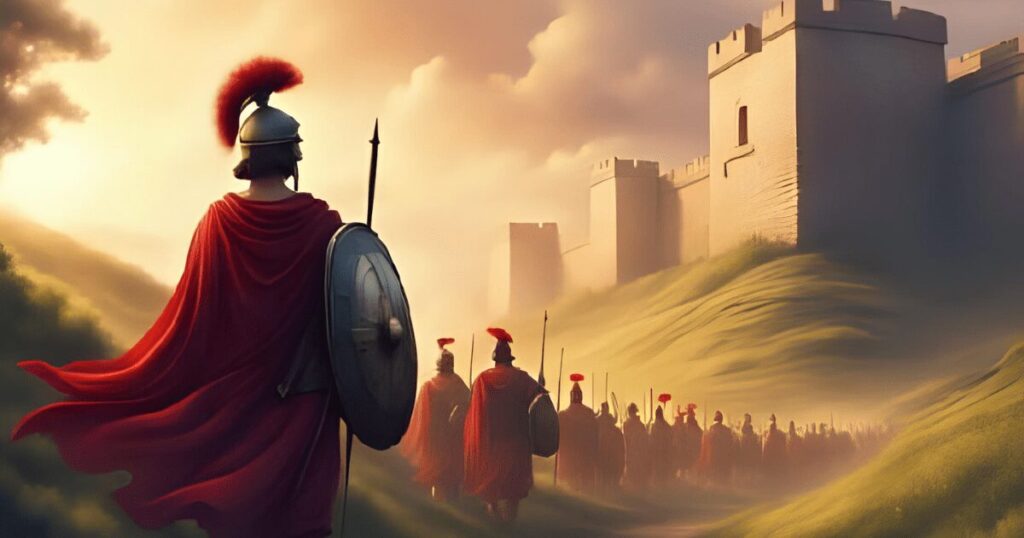 ハドリアヌスの長城を超えて進む古代ローマ兵士たち