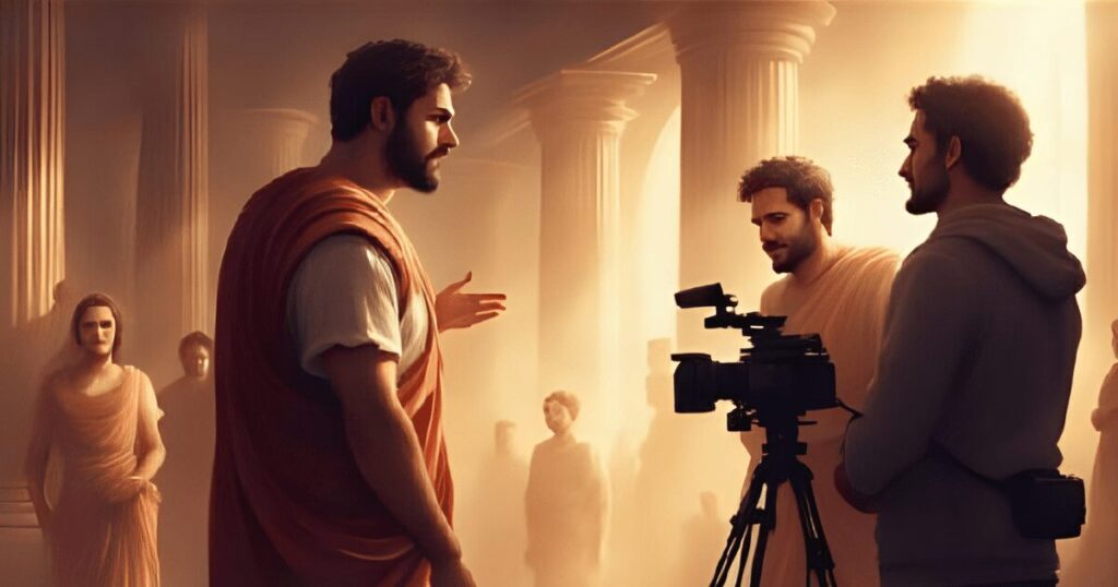 古代ローマ時代の映画を撮影するスタッフたち