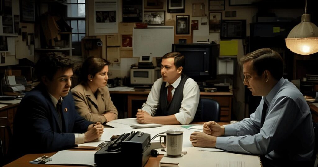 編集会議をする新聞記者たち