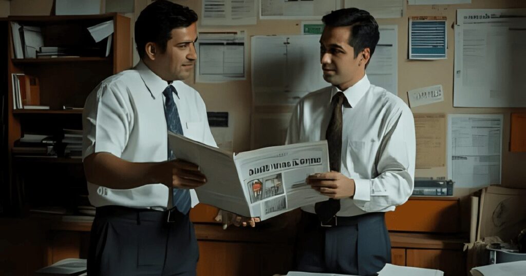 刷りあがった新聞を眺める新聞記者たち