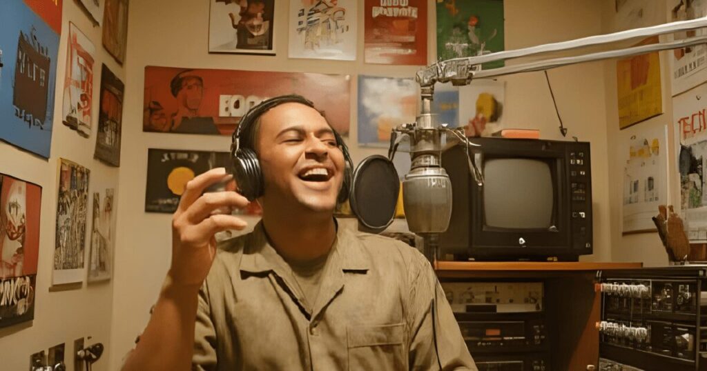 楽しそうに放送するラジオDJ