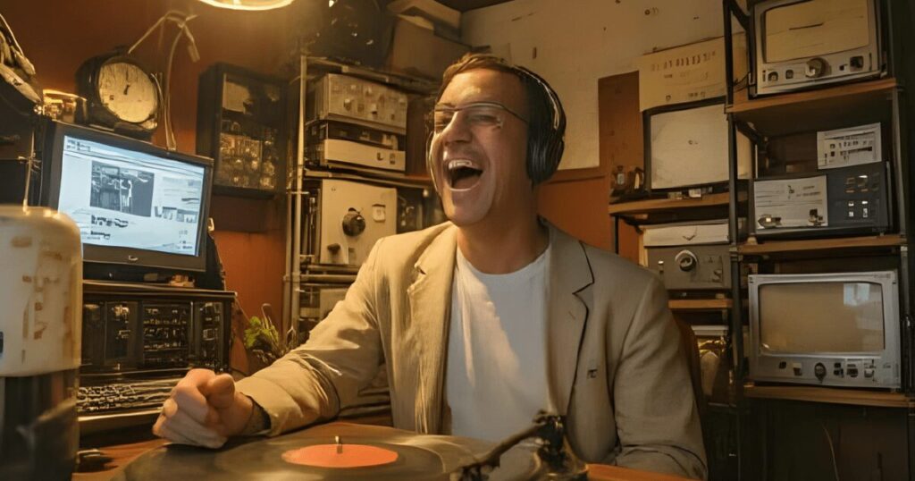 楽しそうに放送するラジオDJ２