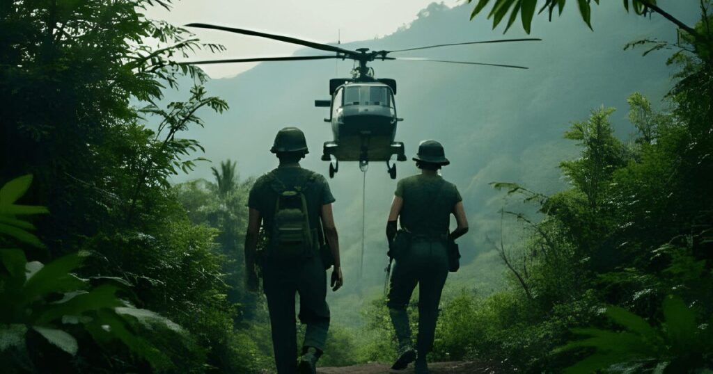 ヘリから降下するアメリカ兵たち