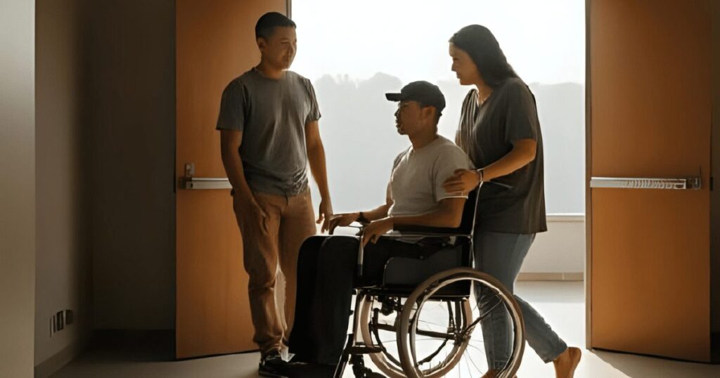 家族とともに退院する退役兵