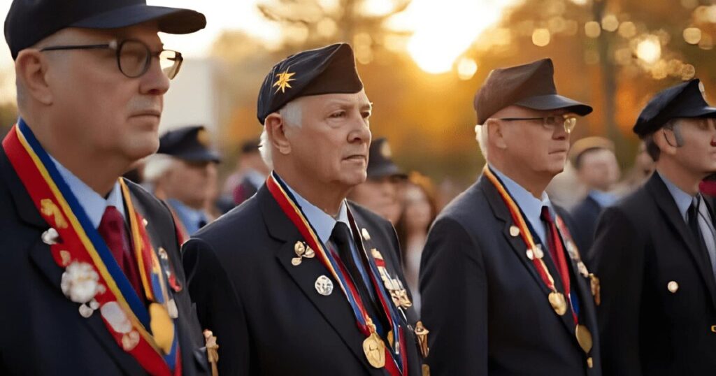勲章を掲げる退役軍人たち