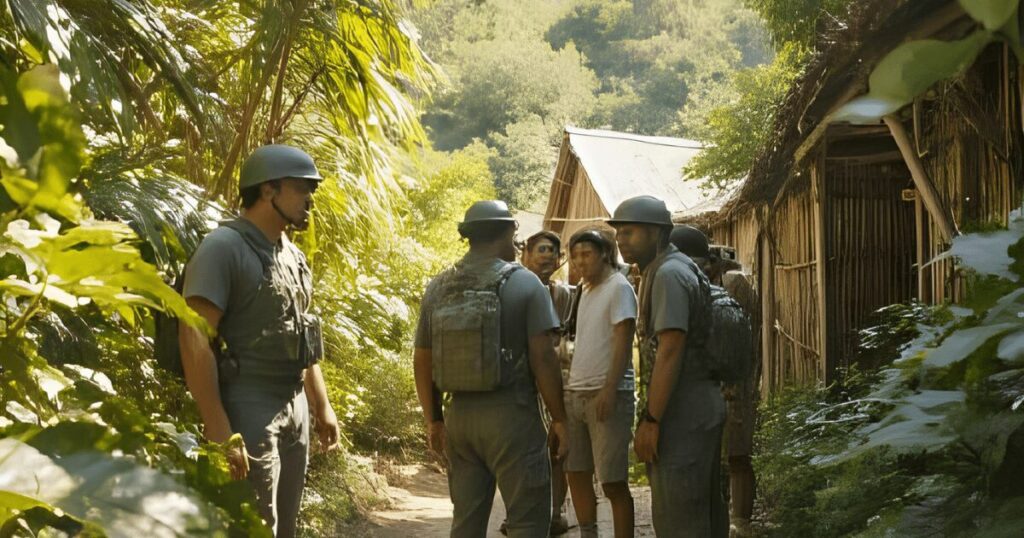 ベトナム農民と話をするアメリカ兵