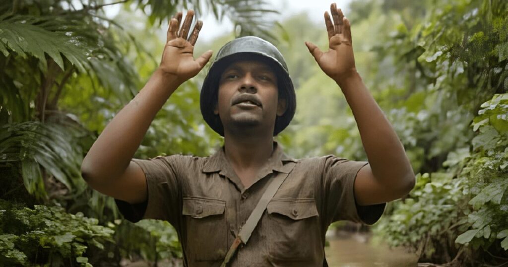 両手を上げるアメリカ兵