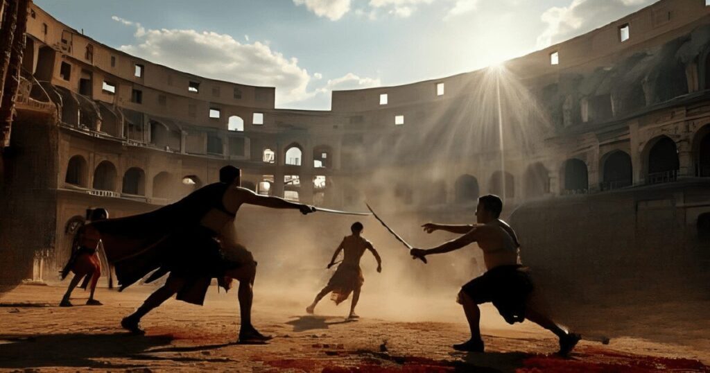 古代ローマ時代コロッセオで戦う剣闘士たち