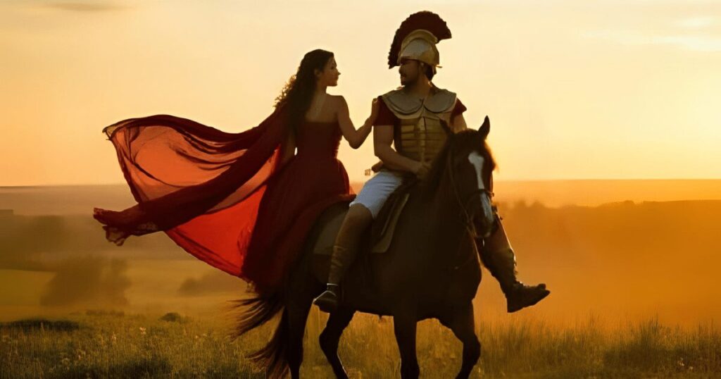 馬に乗るグラディエーターと貴族の女性