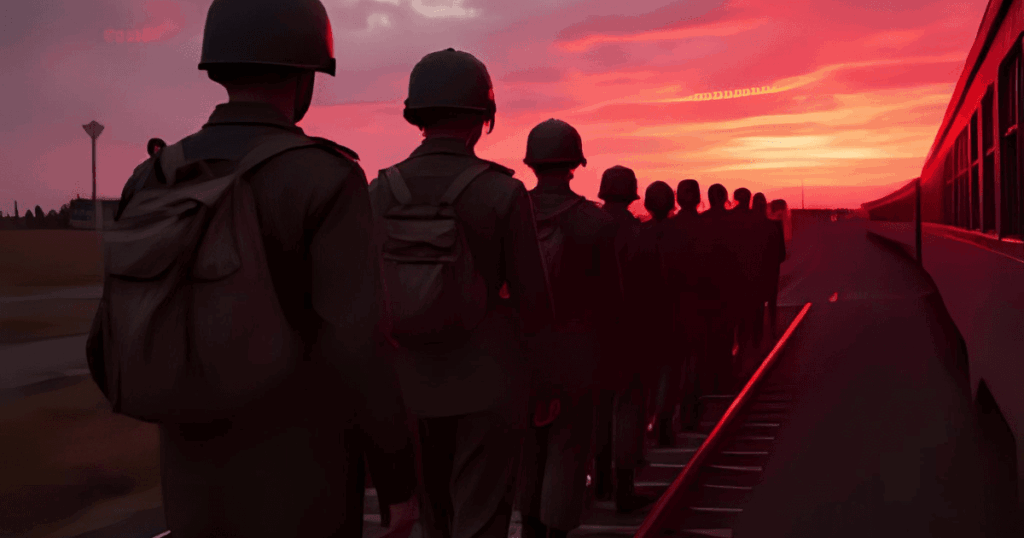 列車から降りて戦場へ向かう兵士たち