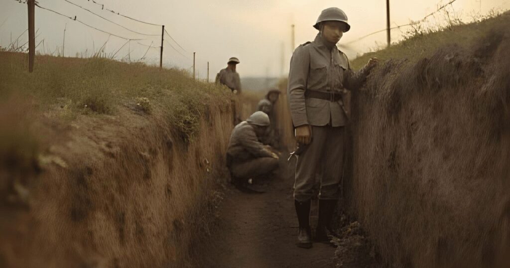 塹壕で敵陣の様子を観察する兵士たち