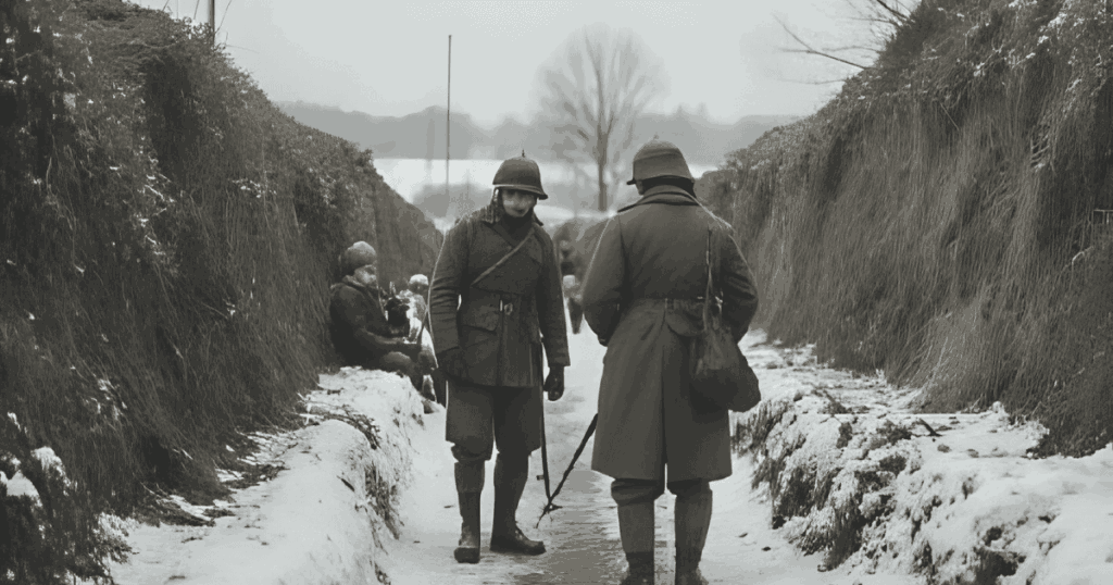 塹壕の中で冬の寒さに耐える兵士たち