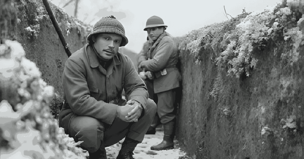 第一次世界大戦の防空壕で冬の寒さに凍える兵士