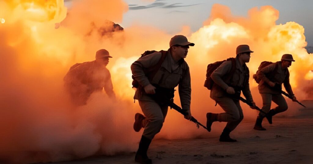 第一次世界大戦 爆風の中を進軍する兵士たち