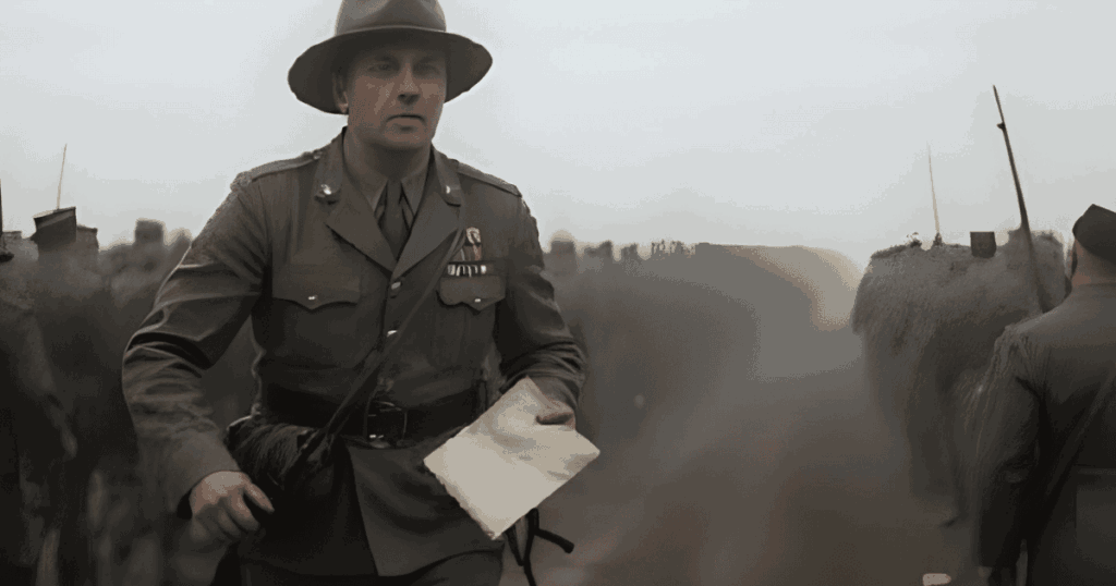 燃え盛る廃墟の中を進む伝令兵