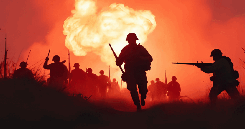 燃え盛る戦場で戦う兵士たち