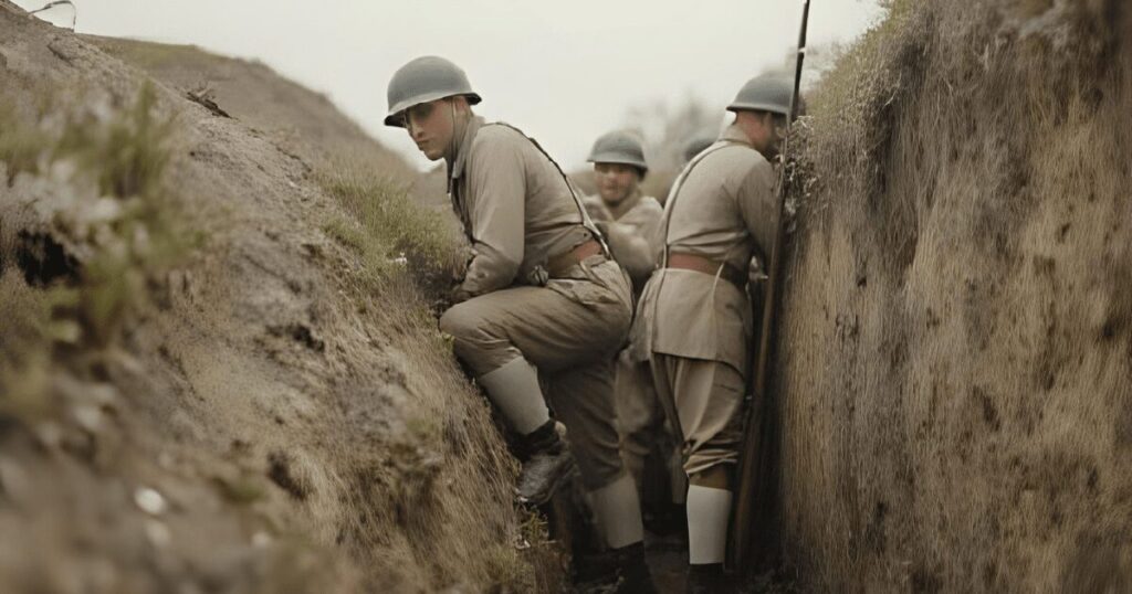 塹壕の中で戦場を見つめる兵士たち