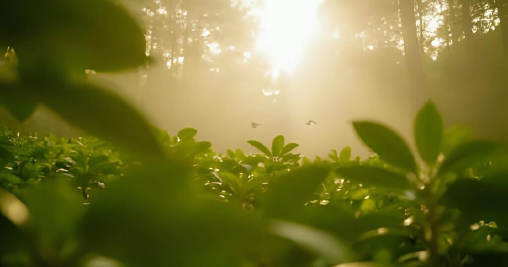 朝焼けの中の森
