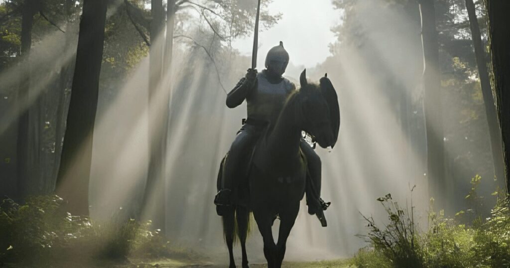 森の中を駆ける中世ヨーロッパの騎士