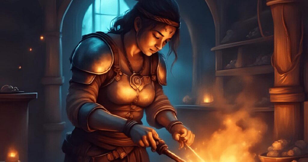 甲冑を修理する女鍛冶師