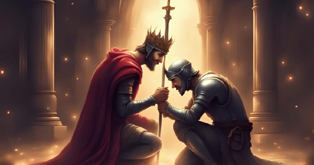 臣下の儀礼をおこなう王様と騎士