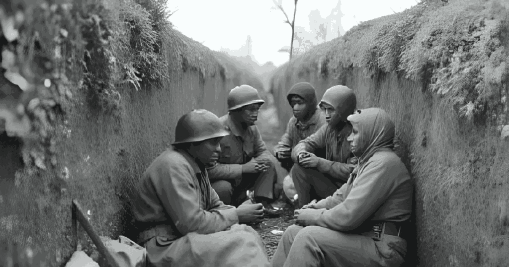 第一次世界大戦の塹壕で隠れる兵士たち
