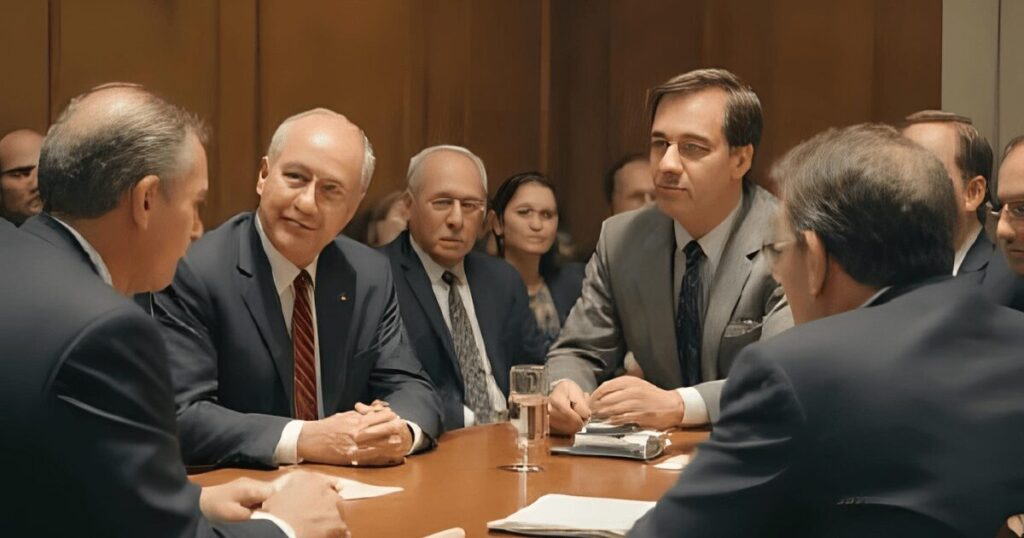 会議で議論する政府高官