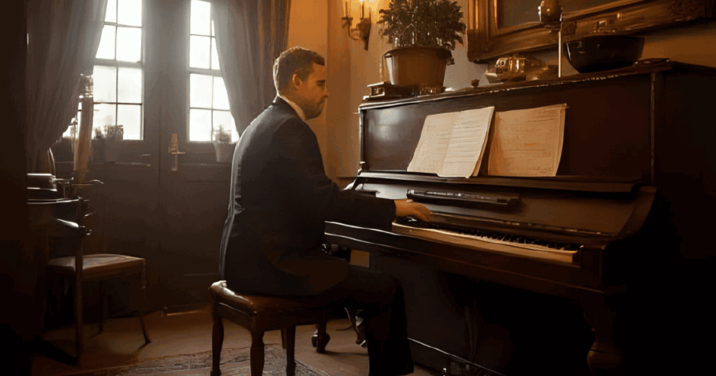 ラジオ局でピアノを収録するピアニスト