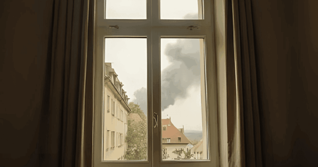 窓の外で戦闘による爆撃が見える