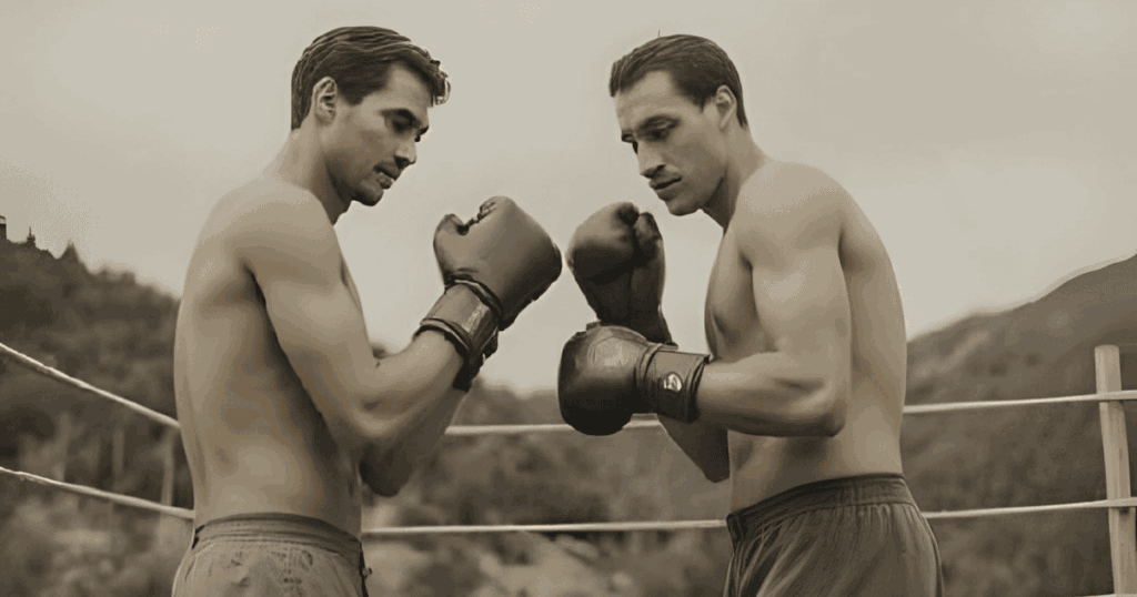 収容所の中でボクシングをする男たち