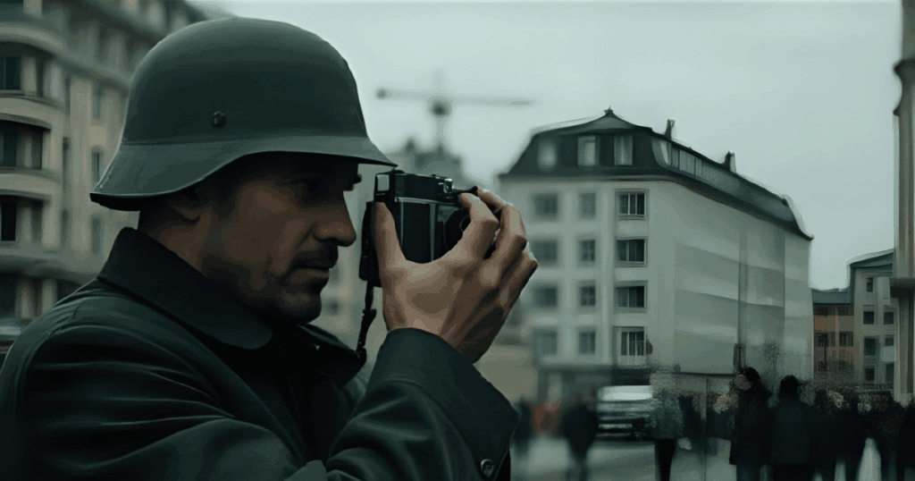 街中でカメラを構える軍人
