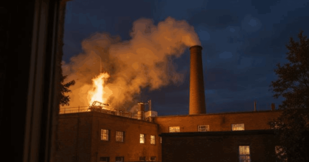 夜に燃え盛る工場