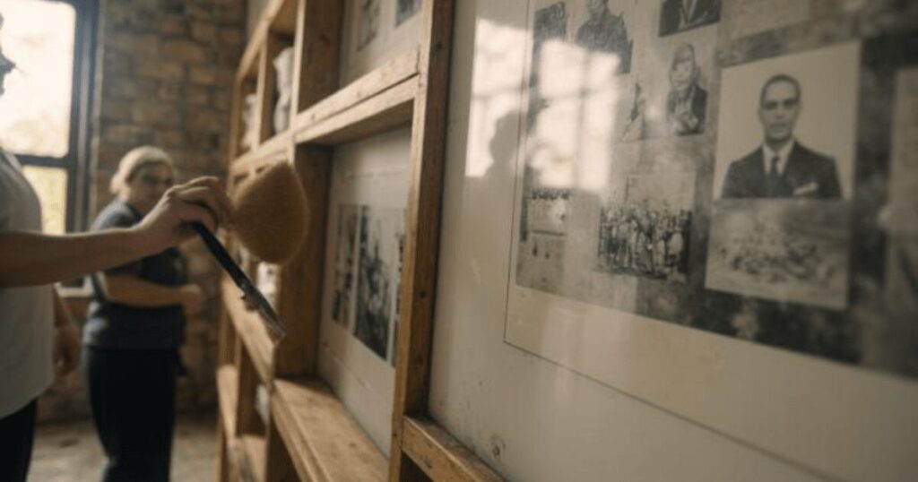 収容所博物館を掃除するスタッフ